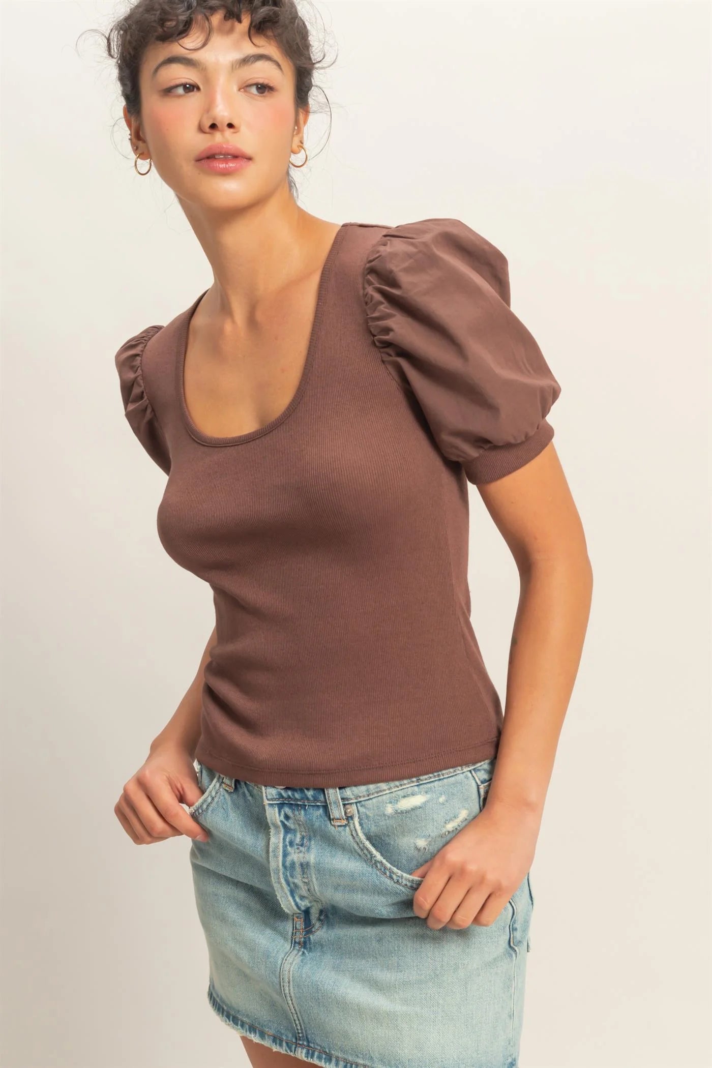 Ribbed Puff Sleeve Top